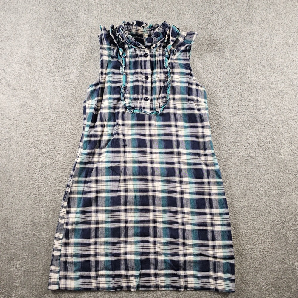 Fossil Womens Plaid‎ Sleeveless Ruffle Neck Cotton Shift Dress Navy Teal Size M